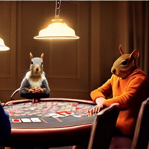 Image similar to a meeting of squirrels playing poker, dramatic lighting, perfect movie shot