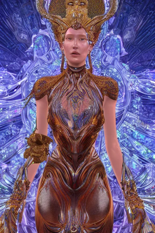 Image similar to a highly detailed metahuman 4 k close up render of an alien goddess bella hadid as durga in iris van herpen dress schiaparelli in diamonds swarovski and jewelry in style of alphonse mucha gustav klimt trending on artstation made in unreal engine 4