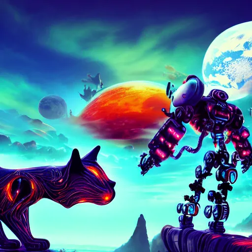 Prompt: gigantic cyborg cat crashes into gothic world planet, fantastic landscape, bright colors, hyperrealism, 4 k resolution, ultra detailed