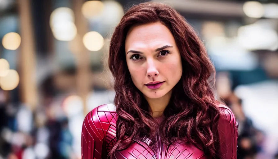 Prompt: high quality photo of a cosplaying Gal Gadot as Scarlet Witch , photography 4k, f1.8 anamorphic, bokeh, 4k,