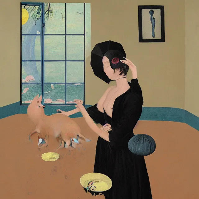 Image similar to tall female emo artist holding a pig in her flooded bathroom, octopus, water gushing from ceiling, painting of flood waters inside an artist's bathroom, a river flooding indoors, pomegranates, pigs, ikebana, water, octopus, river, rapids, waterfall, black swans, canoe, berries, acrylic on canvas, surrealist, by magritte and monet