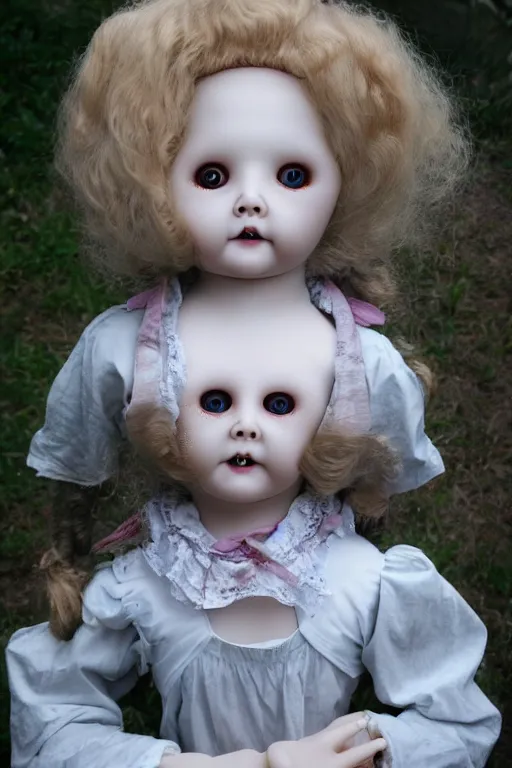 Prompt: creepy porcelain doll with creepy shining eyes.