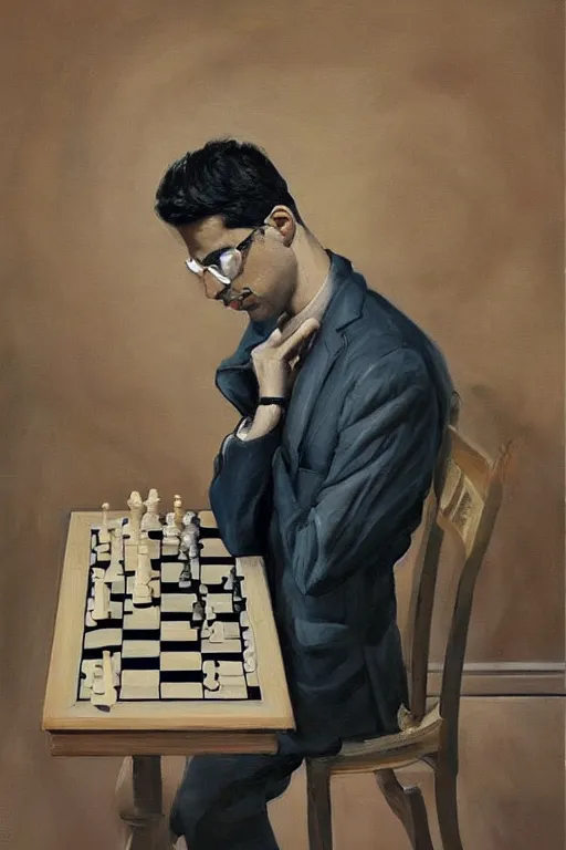 a painting of anish giri pondering over a chess board,, Stable Diffusion