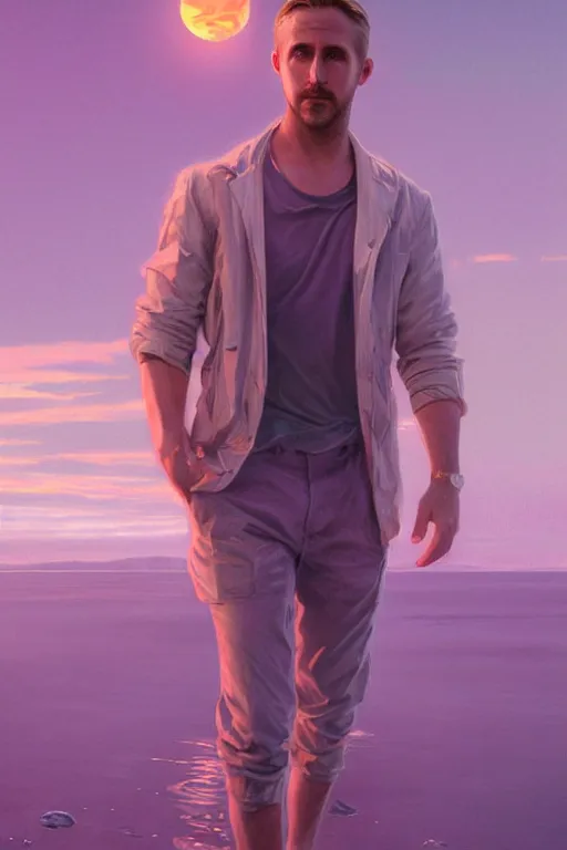 Image similar to ryan gosling robotic clothes in the beach purple sun, pink lighting ultra realistic photorealistic highly detailed high quality, a stunningly, digital painting, artstation, concept art, smooth, sharp focus, illustration, art by artgerm and greg rutkowski and alphonse mucha 8 k