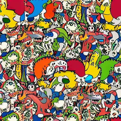 Image similar to a colourful dinosaur pattern with tyrannosaurus rex, spinosaurus, mosasaurus and velociraptor in the style of takashi murakami, anime, fine detail, digital art, high resolution