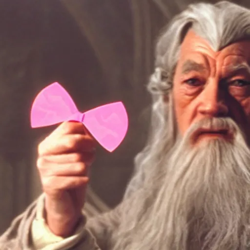 Image similar to gandalf with a pink bowtie on his head, showing a blank playing card, movie still from the lord of the rings