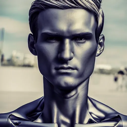 Image similar to a realistic detailed photo of a guy who is an attractive humanoid who is half robot and half humanoid, who is a male android, soccer player martin ødegaard, shiny skin, posing like a statue, blank stare, by the pool, on display, showing off his muscles, humanoid robot, transparent sculpture