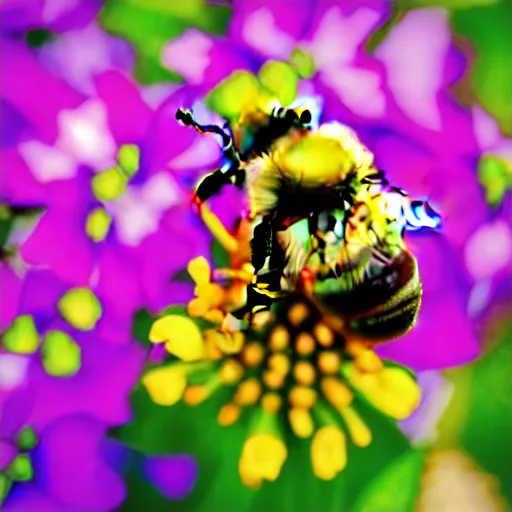 Prompt: a bumblebee made out of flowers, with floral anatomy, sits on a finger, 5 0 mm lens, f 1. 4, sharp focus, ethereal, emotionally evoking, head in focus, volumetric lighting, blur dreamy outdoor, inspired by giuseppe arcimboldo