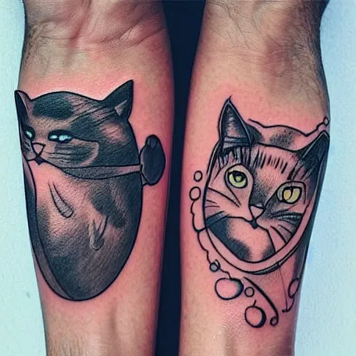 Image similar to two cats holding each other's tail, circle design, tattoo design, inking on skin, designed by Android Jones