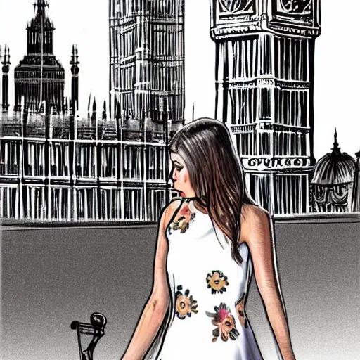 Prompt: a sketch drawing, a woman on a scooter, dressed in a white dress with a floral print, a view of big ben,, photorealistic, by gabo mendoza, trending on artstation
