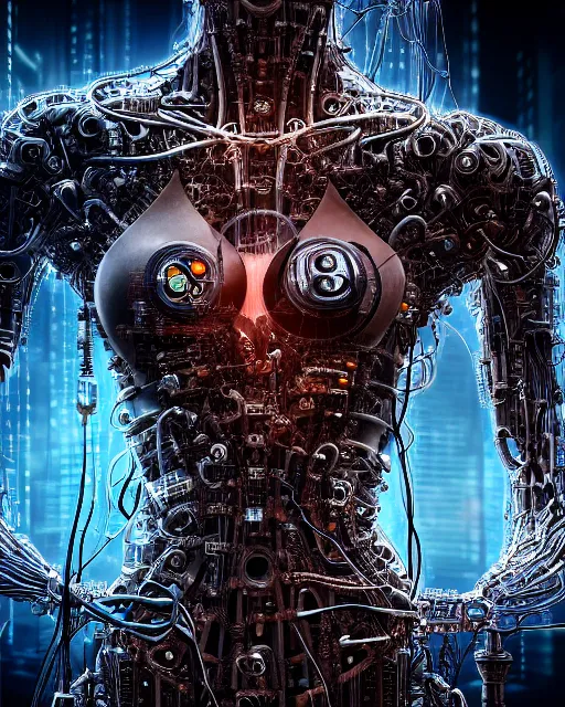 Image similar to portrait photo of a biomechanical torso of a cyborg plugged into a quantum computer with cables and wires and optic fibers. cyberpunk horror style. art by luis royo. highly detailed 8 k. intricate. nikon d 8 5 0 5 5 mm. award winning photography.