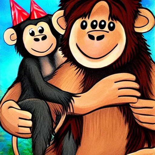 Prompt: realistic Mowgli hugging a monkey wearing a birthday hat, birthday, happy, hyper realistic, highly detailed