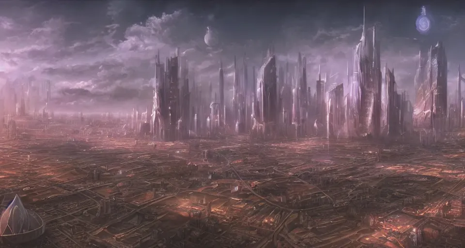 Prompt: view on futuristic city in the horizon, illustration by ed binkley, detailed, sharp, 8 k