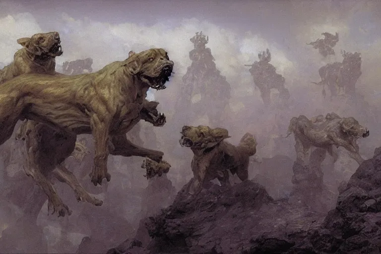 Prompt: hyperdetailed matte art of cerberus by ilya repin, amano, rene magritte, craig mullins