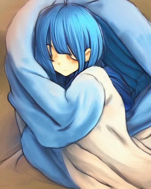 Image similar to hugging a blanket tightly, anime concept art, ambient cozy lighting, fluffy blue blanket, cute