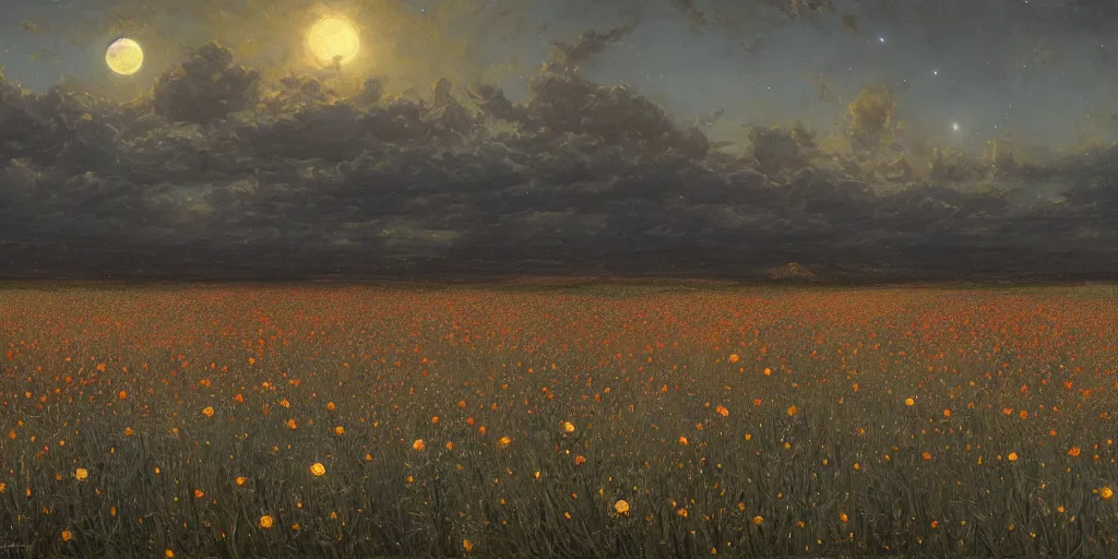 Prompt: field of flowers at night, lit by moonlight, grand landscape art by donato giancola and greg rutkowski, vintage retro, digital art, trending on artstation, symmetry!!, epic composition