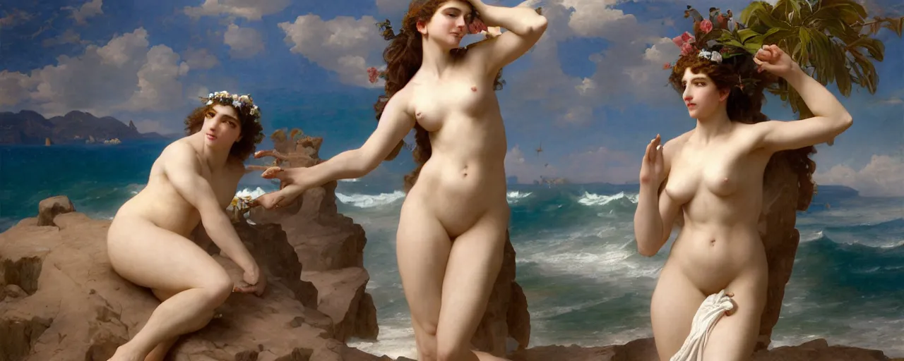 Prompt: Full View of Greek Goddess Aphrodite standing on a pearlescent seashell on a tropical beach with the ocean surf in the background. Masterpiece 4k digital illustration by Ruan Jia and Mandy Jurgens and Artgerm and William-Adolphe Bouguereau, award winning, Artstation, art nouveau aesthetic, Gustave Dore' background, intricate details, realistic, panoramic view, Hyperdetailed, 8k resolution, intricate art nouveau, smooth, sharp focus - 768