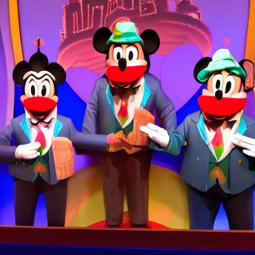 Image similar to three puppets inside the its a small world ride at disneyland that look like donald trump and greg abbott and ron desantis, highly detailed, high definition, ultra realistic