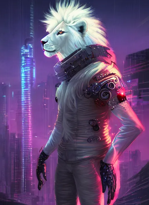 Image similar to esthetic portrait commission of a of a male muscular cyborg anthro albino lion with a neon metal tail and a cute beautiful attractive detailed furry face wearing stylish cyberpunk unkempt wired clothes in a cyberpunk city at sunset while it rains heavily. Character design by charlie bowater, ross tran, artgerm, and makoto shinkai, detailed, inked, western comic book art, 2021 award winning painting