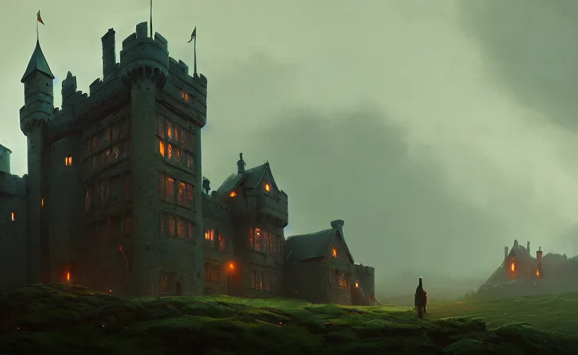 Image similar to an old english castle with moody and cinematic lighting by greg ruthkowski and simon stalenhag jama jurabaev and illya repin, cinematic and atmospheric, concept art, artstation, trending on artstation