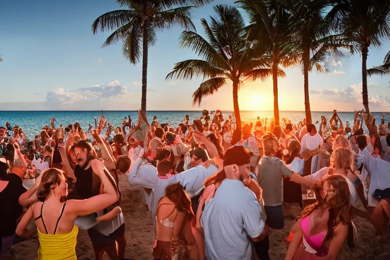 Image similar to everyone dancing at a party at the beach, drinking, food, bar, music, resort, praising the sun, golden hour, cinematic, atmospheric, 8k resolution, Hyperrealistic