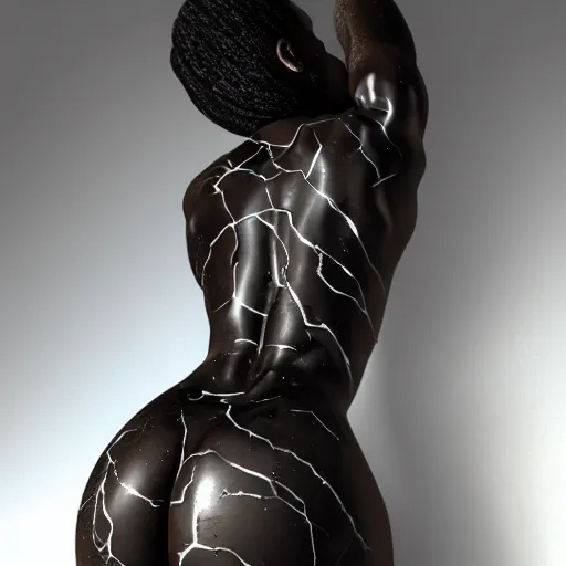 Image similar to hyper realistic of a stunning intricate cracked black marble falling african american woman angel body sculpture, highly detailed, white background, trending on artstation, hyperrealism, matte painting, subsurface scattering
