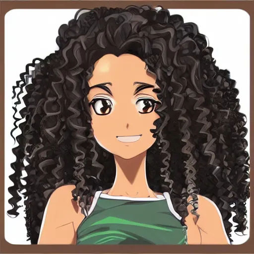 Image similar to A brown skinned woman with black curly hair as an anime character, highly detailed, cg society