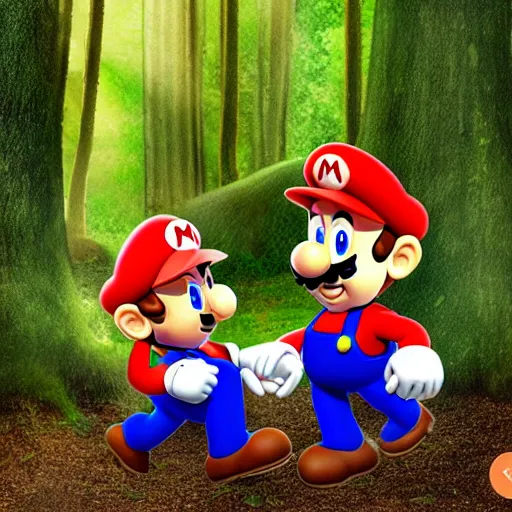 Image similar to mario and luigi eating mushrooms in the forest, photo captured on polarioid