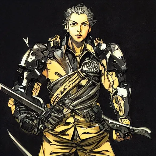 Image similar to portrait of a hero holding his sword in front of his face by yoji shinkawa, high quality, extra details, realism, ornate, colored, golden chain, blood, white skin, short hair, colorful, futuristic, war