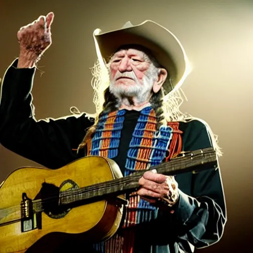 Image similar to willie nelson on stage, holding guitar. four fingers. god rays through fog.