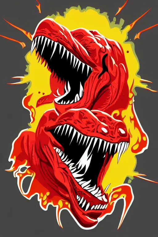 Image similar to Evil t-rex, the devil, sticker, blood thirsty, spawn of Satan, burning in hell, blood, evil, colorful, illustration, highly detailed, simple, smooth and clean vector curves, no jagged lines, vector art, smooth