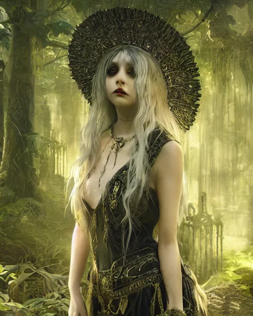 Prompt: Beautiful art portrait of taylor momsen as a fantasy gothic priestess in a bright temple surrounded by lush forest, atmospheric lighting, intricate detail, cgsociety, hyperrealistic, octane render, RPG portrait, ambient light, dynamic lighting