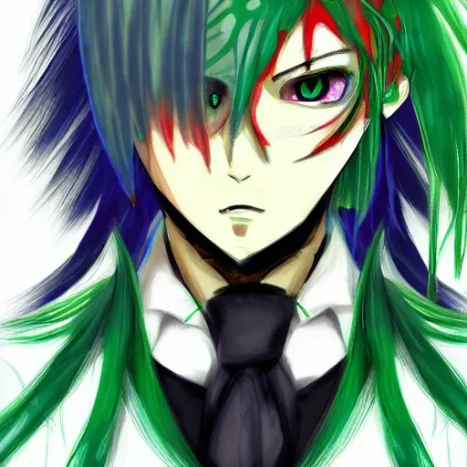 Image similar to portrait of a man with green hair, anime style, trending on artstation, Mad House art style, Tsugumi Ohba art style