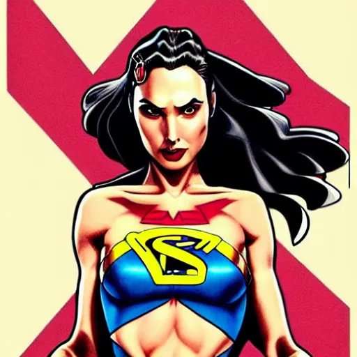 Prompt: Gal Gadot soldier pin up, extremely detailed, neo traditional tattoo art, full body, symmetrical face, symmetrical eyes, bright colors, full body pose