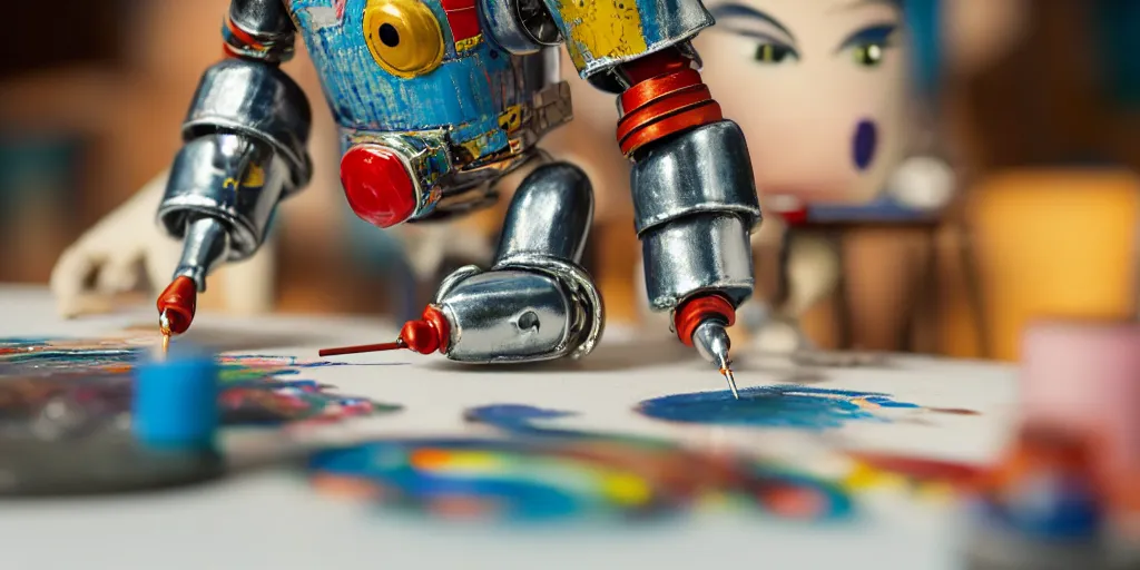 Image similar to closeup portrait of tin toy retro robot painter mixing gouache on white paper table in an artist workshop, depth of field, zeiss lens, detailed, centered, fashion photoshoot, by nicoletta ceccoli, mark ryden, lostfish, breathtaking, 8 k resolution, extremely detailed, beautiful, establishing shot, artistic, hyperrealistic, octane render