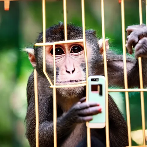 Image similar to A high-quality photo of a monkey taking a selfie in front of a cage full of people on a sunny day