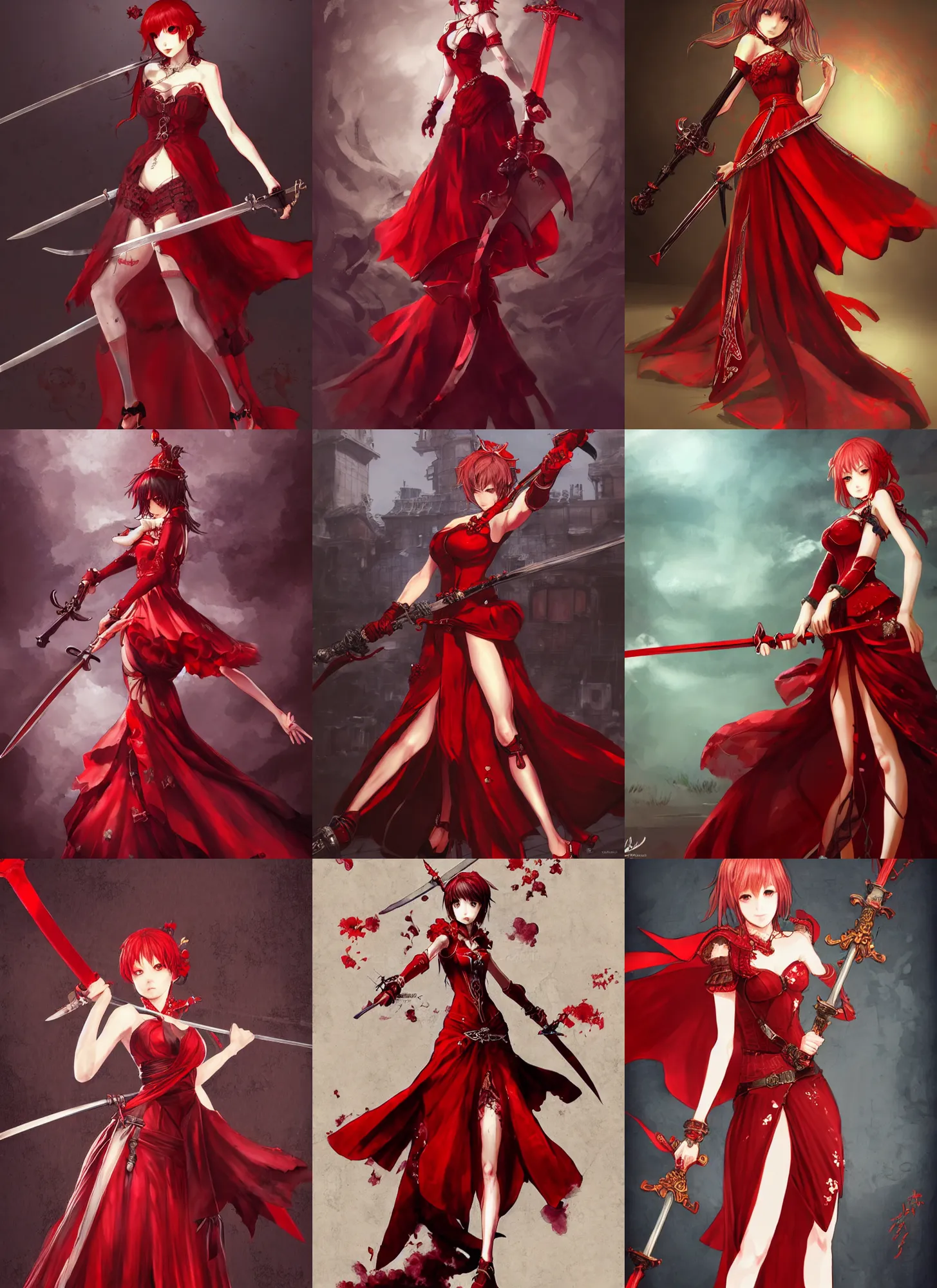Prompt: a woman in a red dress holding two swords, a character portrait by Akihiko Yoshida, pixiv contest winner, vanitas, official art, 2d game art, polycount