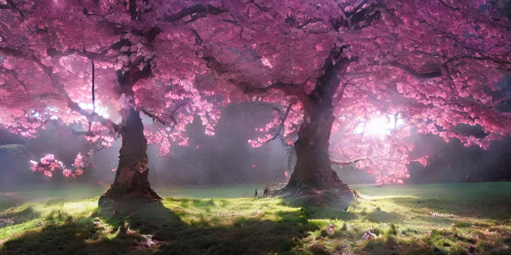 Image similar to a sakura tree, detailed oil painting, cinematic angle, hyperrealistic, breathtaking, volumetric lighting, cinematic lighting, dynamic, Studio Ghibli, digital art, octane render, epic composition, trending on artstation, masterpiece