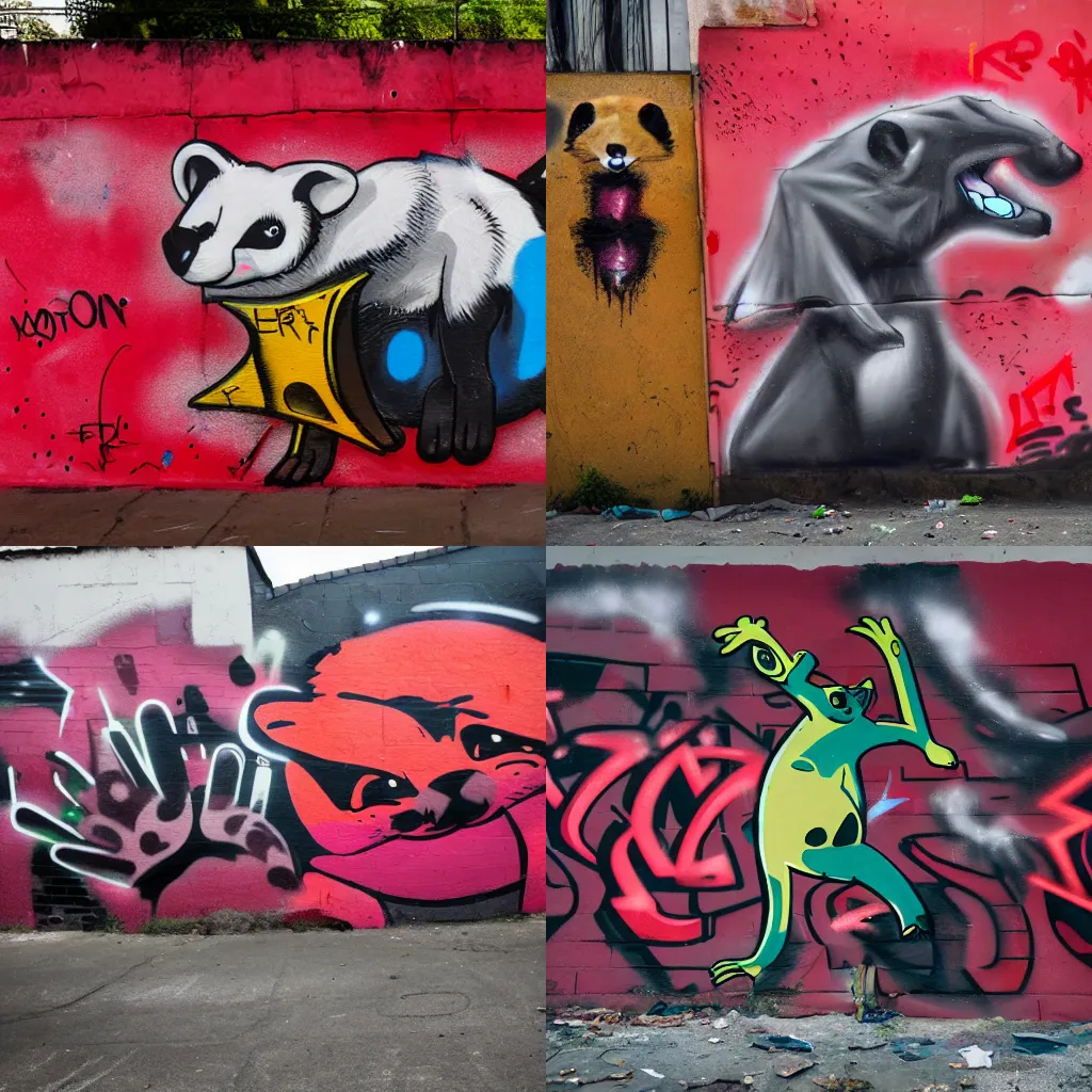 Prompt: photo ( far _ shot ), subject [ furry _ fandom _ fursona ( red - and - black, weasel - ferret - stoat, smoke _ background ) ], medium [ graffiti ( spray - paint ), favela - wall ]