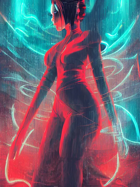 Image similar to a futuristic female geisha warrior, red hair made out of water, blade runner, akira, ghost in the shell, 2077, style of Laurie Greasley and Satoshi Kon + symmetric lights and smoke, psychedelic effects , glowing particles, neon rain, glowing runes, de-noise, symmetrical composition, high detailed + tarot card, ornate border, 8k,