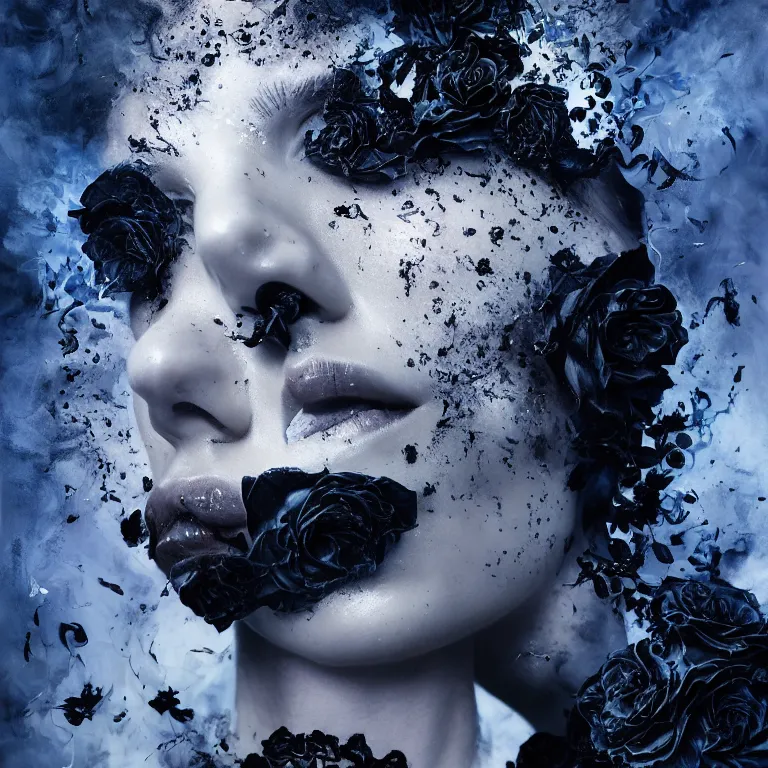 Prompt: 3 d, white and black smoke, sun rays, confident fashion model, sweat skin, liquid black metal, black roses, poster art, high detail, intricate oil painting, multiple exposure, deep blue mood, hyperrealism, 3 d, by tooth wu and wlop and beeple and greg rutkowski