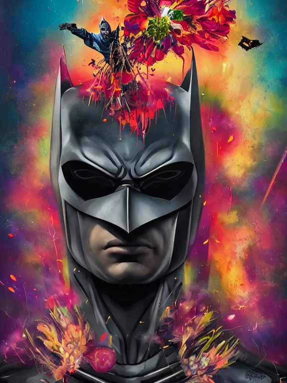 Prompt: art portrait of batman with flower exploding out of head,by tristan eaton,Stanley Artgermm,Tom Bagshaw,Greg Rutkowski,Carne Griffiths,trending on DeviantArt,face enhance,chillwave,minimalist,cybernetic, android, blade runner,full of colour,