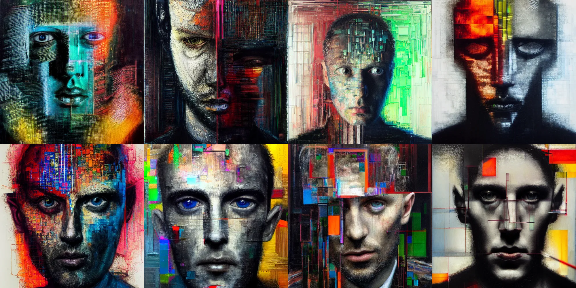 Prompt: hyperrealistic portrait of a mysterious man, by Guy Denning, Johannes Itten, Agam Yaacov, glitch art, fine detail, polished, complex, hacking effects, holographic, digital tech effects, color blocking, realistic, acrylic on canvas, concept art, abstract, symmetrical, 8k, concept art, octane, trending on artstation