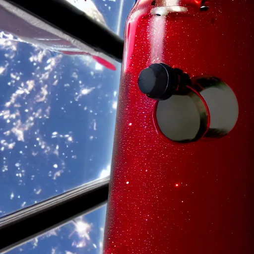 Prompt: Dr. Pepper bottle floating in space, viewed through the window of a spaceship