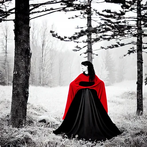 Image similar to Medieval woman princess in red dress sits astride black steed horse. Girl rider in vintage cloak cape train flies in wind motion. Background green trees spruce forest, spring winter nature melted snow , Kodak TRI-X 400, melancholic