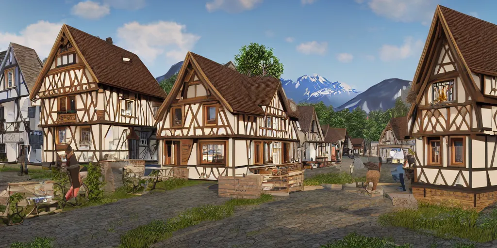 Prompt: a modern cottage town with half - timbered houses on the foot of elbrus mountain a digital rendering by schelte a bolswert, featured on polycount, de stijl, reimagined by industrial light and magic, angular, symmetrical