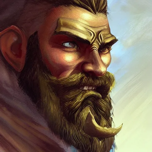 Image similar to bearded male warrior, D&D, painted fantasy character portrait, highly detailed, digital painting, artstation, concept art, sharp focus, illustration, art by Shepard Fairey and Maurice Sendak