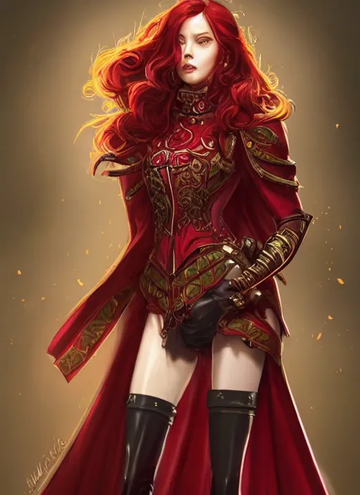 Image similar to a highly detailed illustration of beautiful long dark red haired woman wearing wine red epaulette uniform and coat cape, dramatic wielding strings pose, intricate, elegant, highly detailed, centered, digital painting, artstation, concept art, smooth, sharp focus, league of legends concept art, wlop