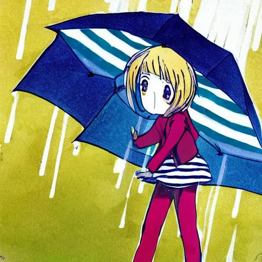 Image similar to rain, stripes, anime 1 9 8 0, umbrella, girl