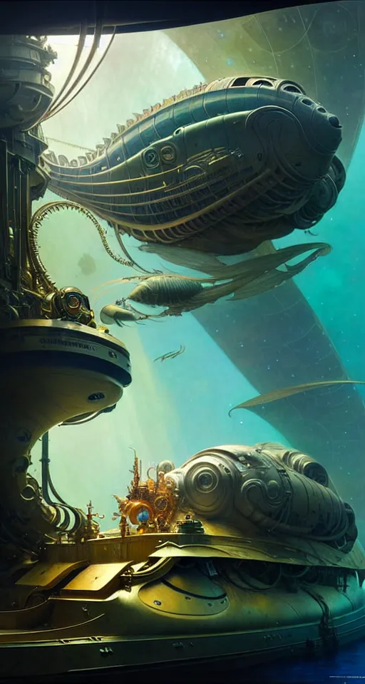 Image similar to epic concept illustration, highly detailed, intricate mechanical design, hard science concept art, underwater nautilus submarine being prepared for launch, by greg rutkowski and alphonse mucha. uhd, cinematic lighting, amazing depth, cinematography by 2 0 1 7